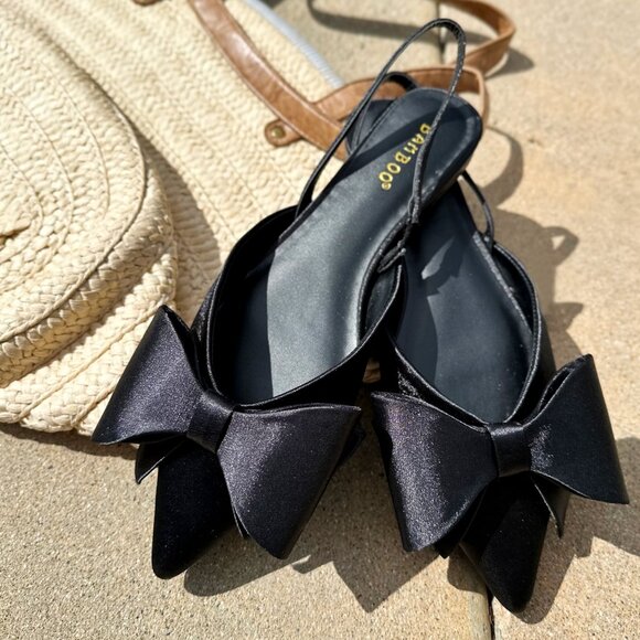 NEW🔥 Black Pointed Closed Toe OverSized Bow Slingback Ballet Flat Mules Slip-On - Picture 2 of 5